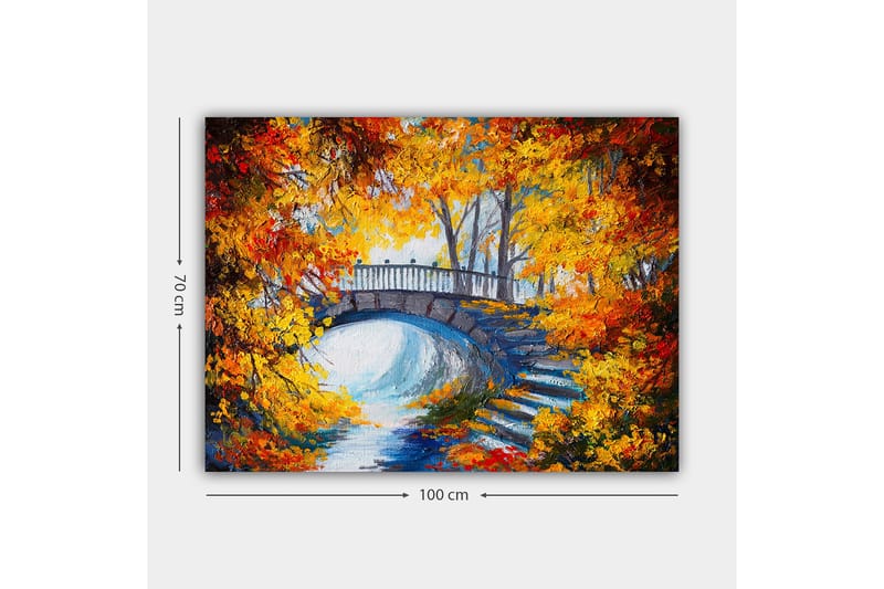 Canvastavla 70x100 cm - Vacker bro omgiven av höstfärgade träd och löv - Orange / Gult / Blått - Inredning & dekor - Tavlor & konst - Canvastavla
