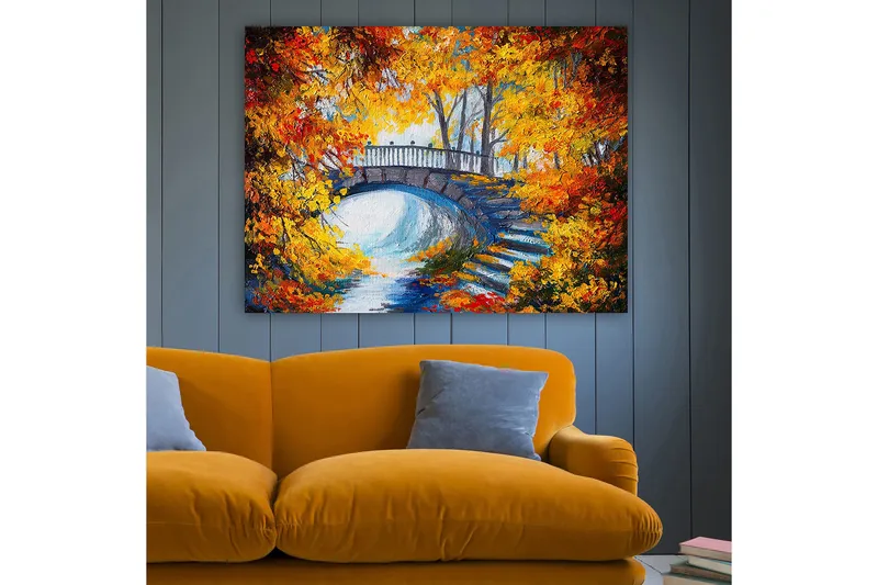 Canvastavla 70x100 cm - Vacker bro omgiven av höstfärgade träd och löv - Orange / Gult / Blått - Inredning & dekor - Tavlor & konst - Canvastavla