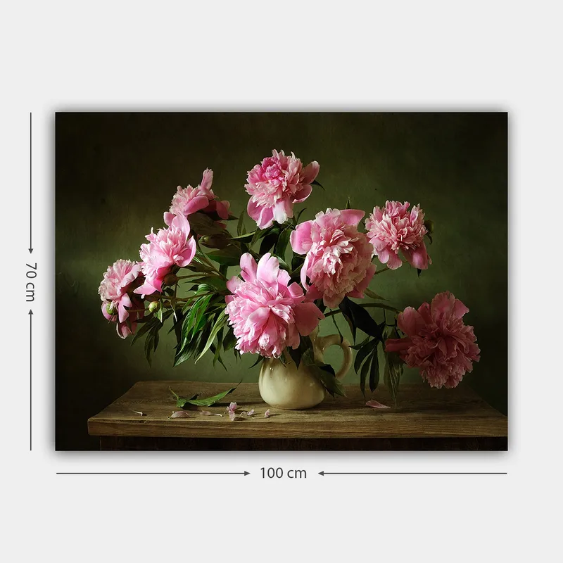 Canvastavla 70x100 cm - Vacker bukett av pioner i en kruka som står på ett bord - Rosa / Grön - Inredning & dekor - Tavlor & konst - Canvastavla