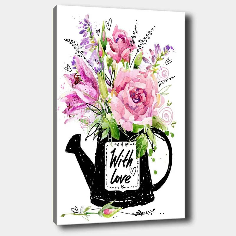 Canvastavla 70x100 cm - Vacker bukett blommor i en svart vattenkanna med texten With love, Rosa / Grön / Lila