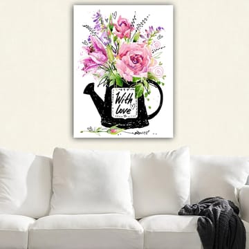 Canvastavla 70x100 cm - Vacker bukett blommor i en svart vattenkanna med texten With love - Rosa / Grön / Lila - Inredning & dekor - Tavlor & konst - Canvastavla