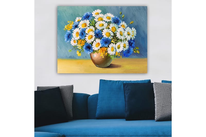 Canvastavla 70x100 cm - Vacker bukett med blå och vita blommor i en brun vas - Blå / Vit / Gul - Inredning & dekor - Tavlor & konst - Canvastavla