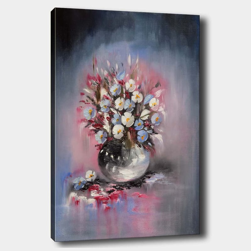 Canvastavla 70x100 cm - Vacker bukett med blommor i en rund vas, Blå / Vit / Svart