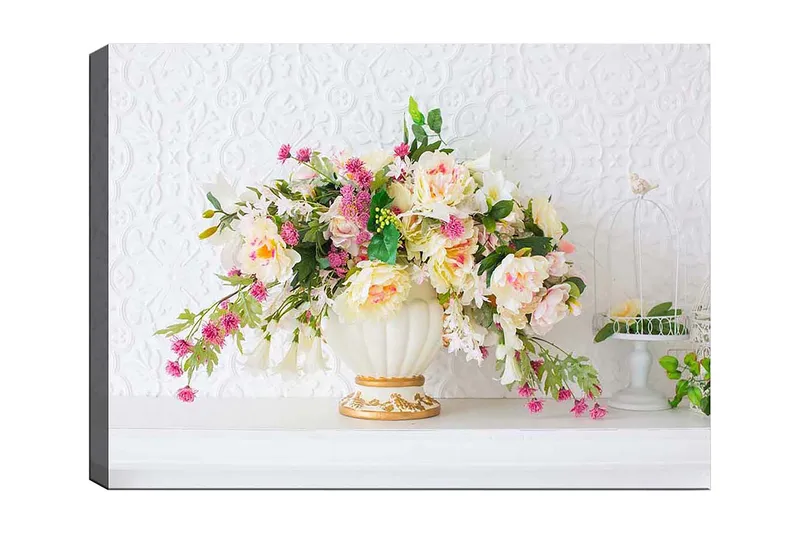 Canvastavla 70x100 cm - Vacker bukett med färgglada blommor i en elegant vas, Rosa / Grön / Krämfärgad