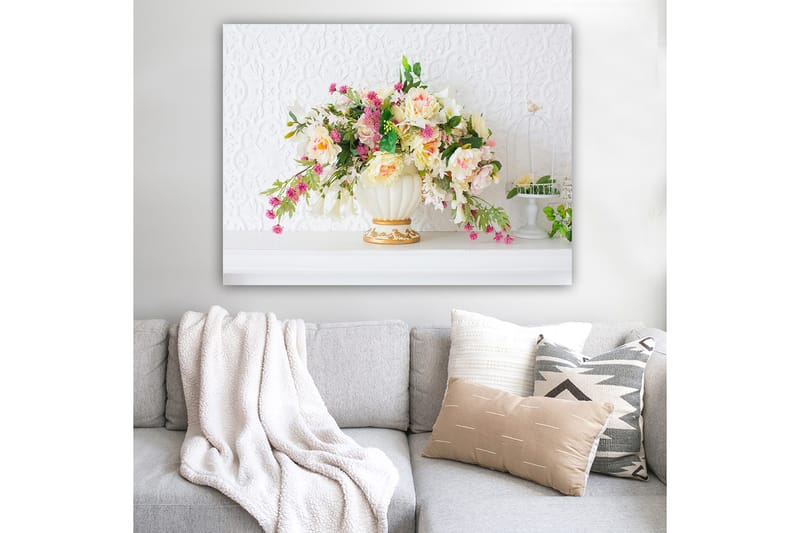 Canvastavla 70x100 cm - Vacker bukett med färgglada blommor i en elegant vas - Rosa / Grön / Krämfärgad - Inredning & dekor - Tavlor & konst - Canvastavla