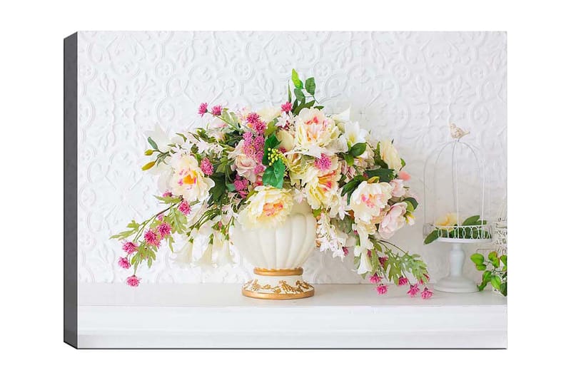 Canvastavla 70x100 cm - Vacker bukett med färgglada blommor i en elegant vas, Rosa / Grön / Krämfärgad