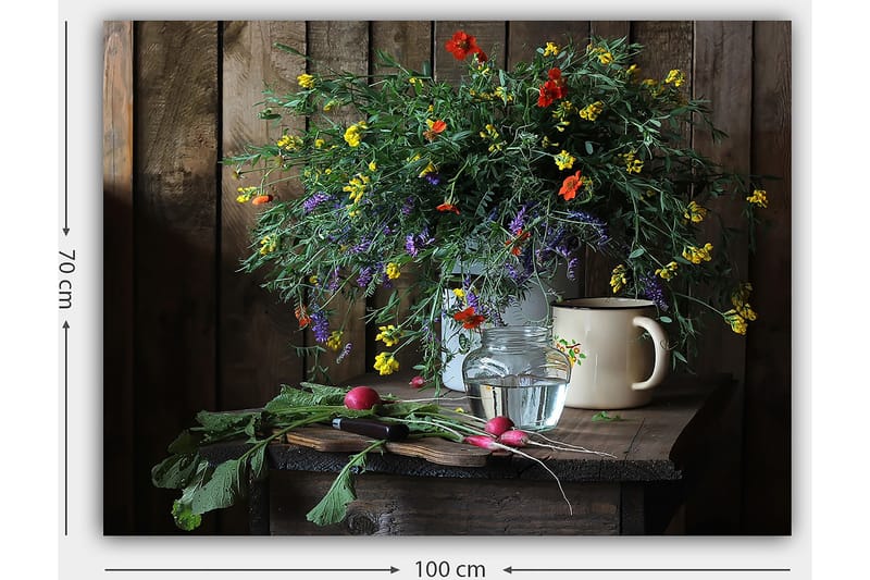 Canvastavla 70x100 cm - Vacker bukett med färgglada blommor i en glasvas på ett träbord - Grön / Gul / Röd - Inredning & dekor - Tavlor & konst - Canvastavla