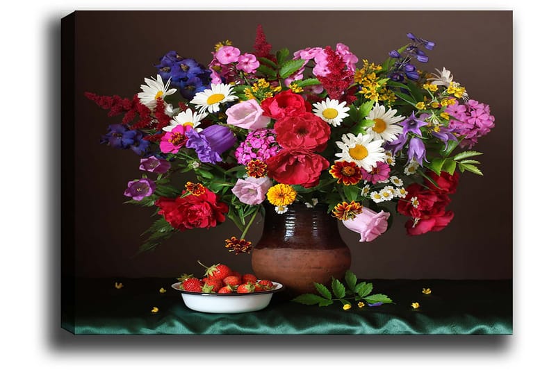 Canvastavla 70x100 cm - Vacker bukett med färgglada blommor i en keramikvas - Röd / Lila / Grön - Inredning & dekor - Tavlor & konst - Canvastavla