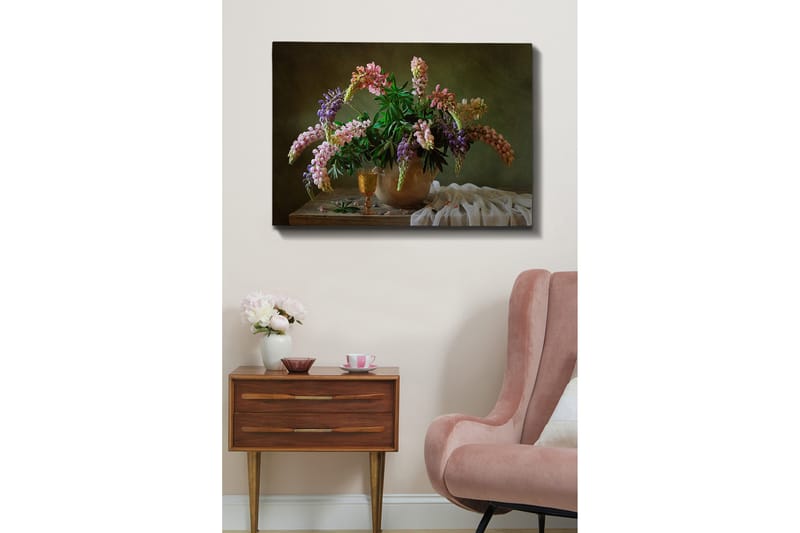 Canvastavla 70x100 cm - Vacker bukett med färgglada blommor i en kruka, Lila / Rosa / Grön