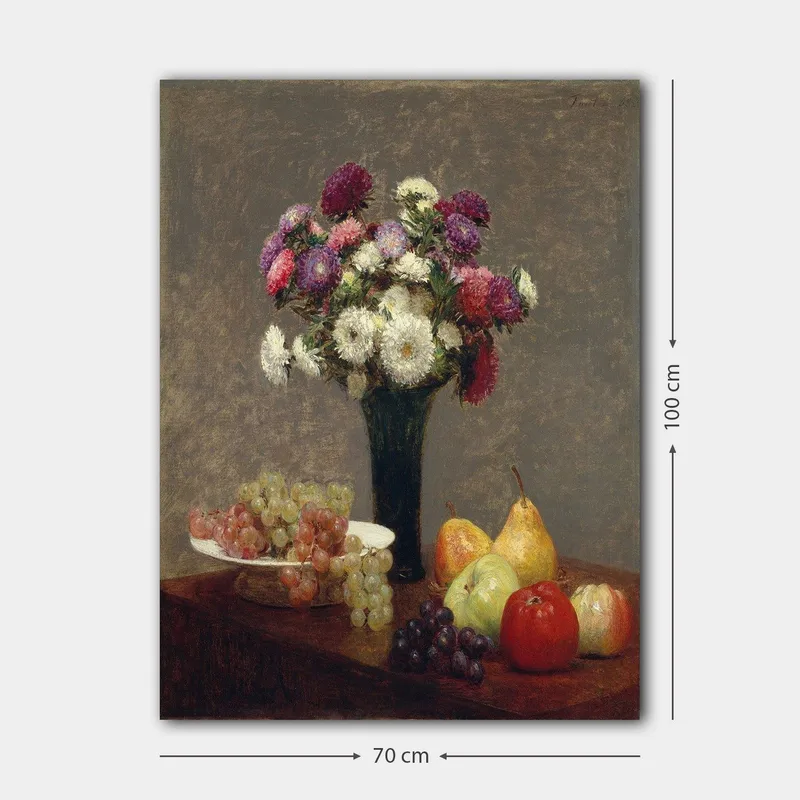 Canvastavla 70x100 cm - Vacker bukett med färgglada blommor i en vas, omgiven av frukter på ett bord - Lila / Grön / Röd - Inredning & dekor - Tavlor & konst - Canvastavla