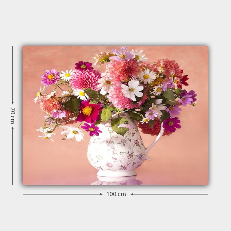 Canvastavla 70x100 cm - Vacker bukett med färgglada blommor i en vit kanna - Rosa / Lila / Grönt - Inredning & dekor - Tavlor & konst - Canvastavla