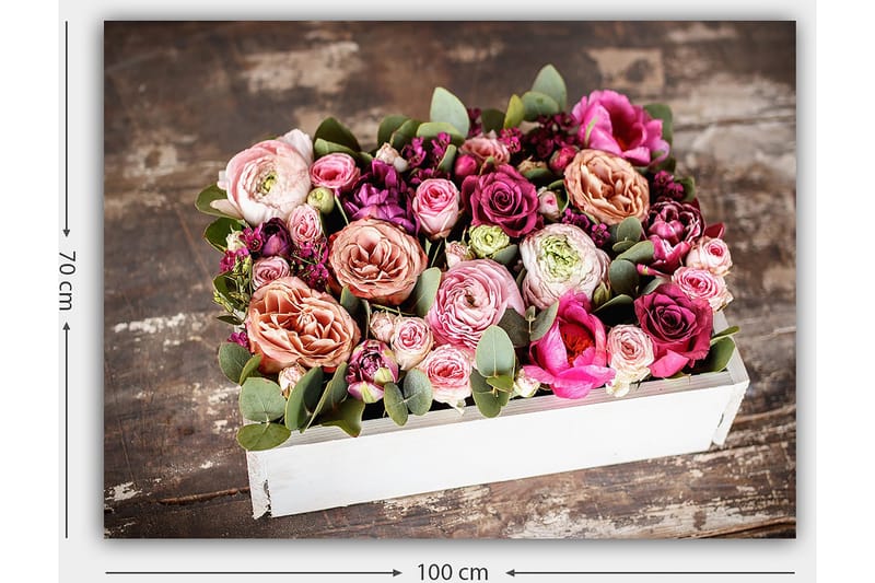 Canvastavla 70x100 cm - Vacker bukett med färgglada blommor i en vit låda - Rosa / Lila / Grön - Inredning & dekor - Tavlor & konst - Canvastavla