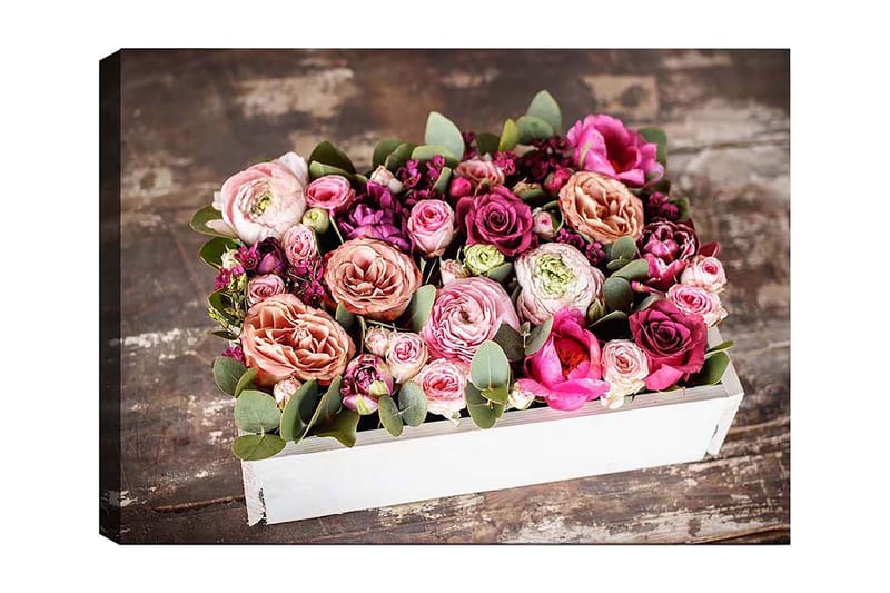 Canvastavla 70x100 cm - Vacker bukett med färgglada blommor i en vit låda, Rosa / Lila / Grön