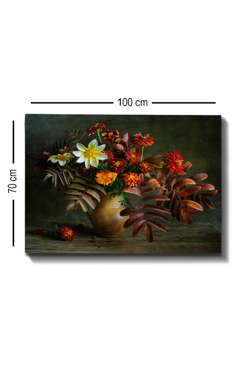 Canvastavla 70x100 cm - Vacker bukett med färgglada blommor och löv i en keramikvas - Vit / Orange / Röd - Inredning & dekor - Tavlor & konst - Canvastavla
