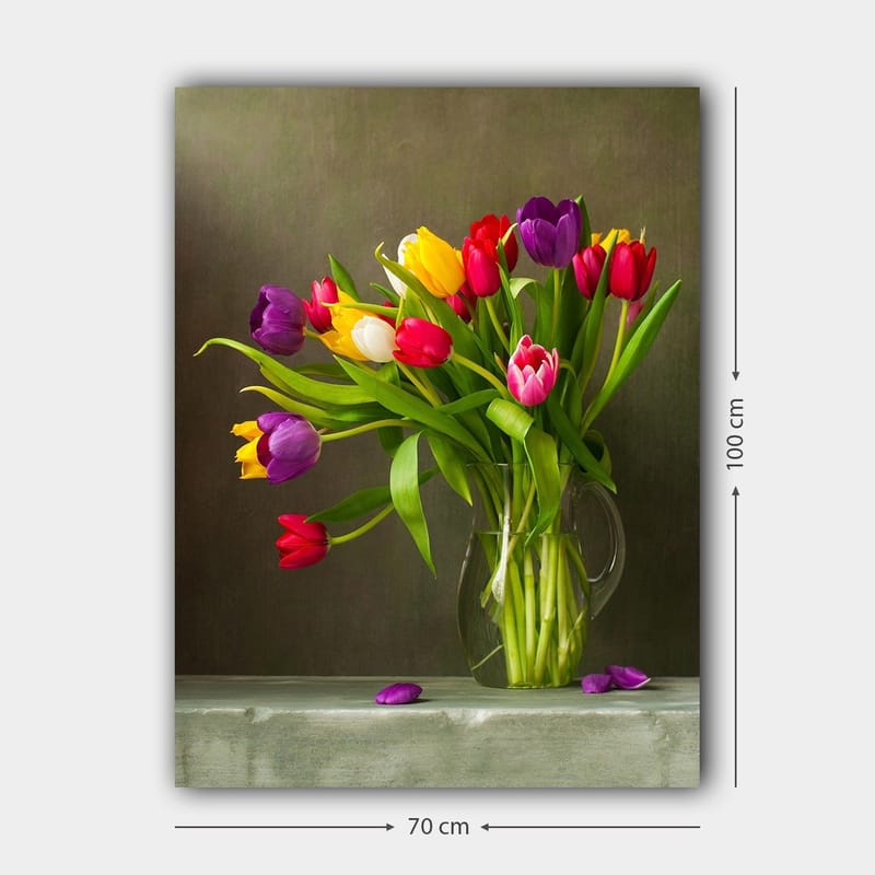 Canvastavla 70x100 cm - Vacker bukett med färgglada tulpaner i en glasvas - Lila / Röd / Gul - Inredning & dekor - Tavlor & konst - Canvastavla