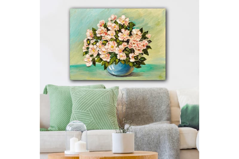 Canvastavla 70x100 cm - Vacker bukett med rosa blommor i en blå vas - Rosa / Grön / Blå - Inredning & dekor - Tavlor & konst - Canvastavla