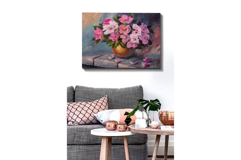 Canvastavla 70x100 cm - Vacker bukett med rosa blommor i en rund vas - Rosa / Grön / Beige - Inredning & dekor - Tavlor & konst - Canvastavla