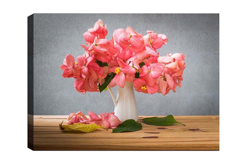 Canvastavla 70x100 cm - Vacker bukett med rosa blommor i en vit vas, Rosa / Grön / Gul