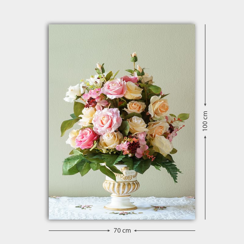 Canvastavla 70x100 cm - Vacker bukett med rosa och gula rosor i en dekorativ vas - Rosa / Gul / Grön - Inredning & dekor - Tavlor & konst - Canvastavla