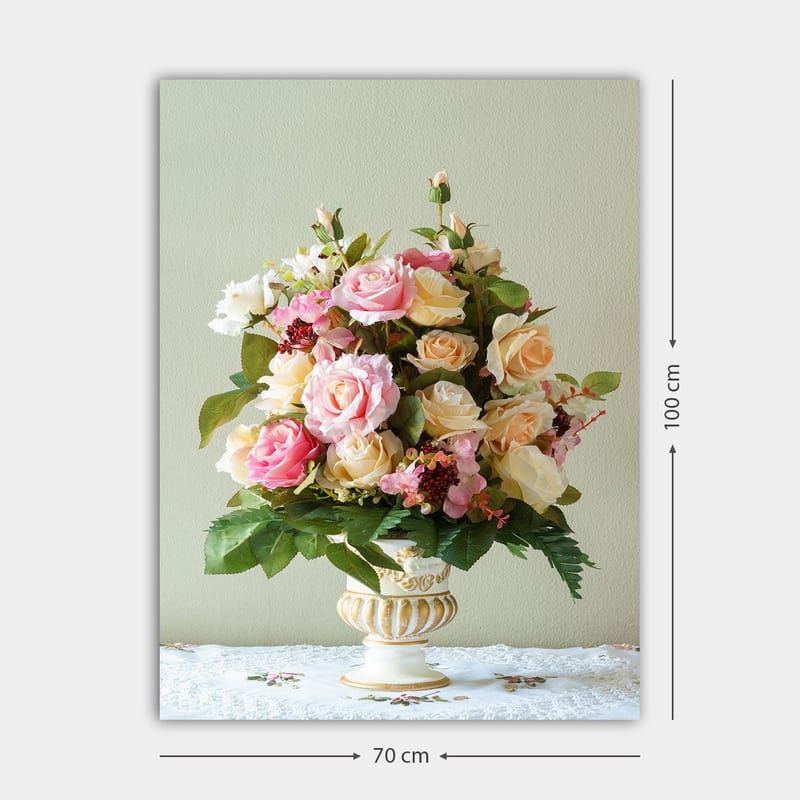 Canvastavla 70x100 cm - Vacker bukett med rosa och gula rosor i en dekorativ vas - Rosa / Gul / Grön - Inredning & dekor - Tavlor & konst - Canvastavla