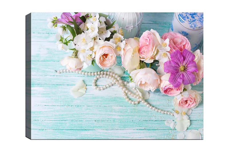 Canvastavla 70x100 cm - Vacker bukett med rosa och lila blommor tillsammans med pärlor på en ljusgrön bakgrund - Rosa / Lila / Vit - Inredning & dekor - Tavlor & konst - Canvastavla