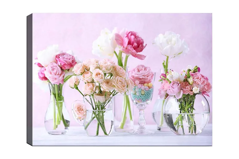 Canvastavla 70x100 cm - Vacker bukett med rosa och vita blommor i olika glasvaser, Rosa / Vit / Grön