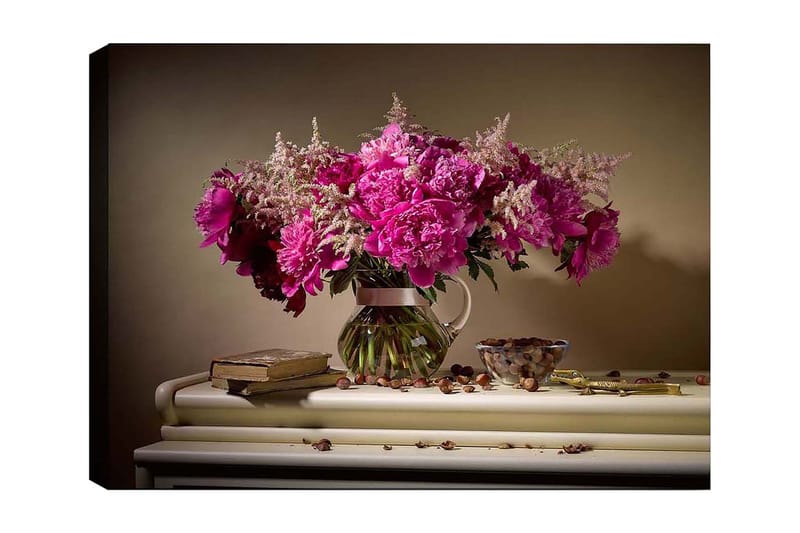 Canvastavla 70x100 cm - Vacker bukett med rosa pioner i en glasvas, Rosa / Grön / Beige
