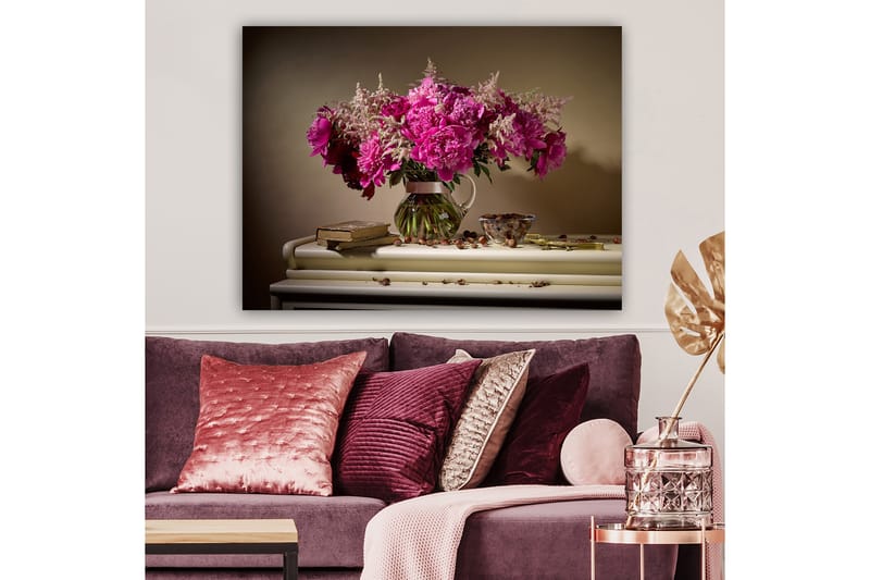 Canvastavla 70x100 cm - Vacker bukett med rosa pioner i en glasvas - Rosa / Grön / Beige - Inredning & dekor - Tavlor & konst - Canvastavla