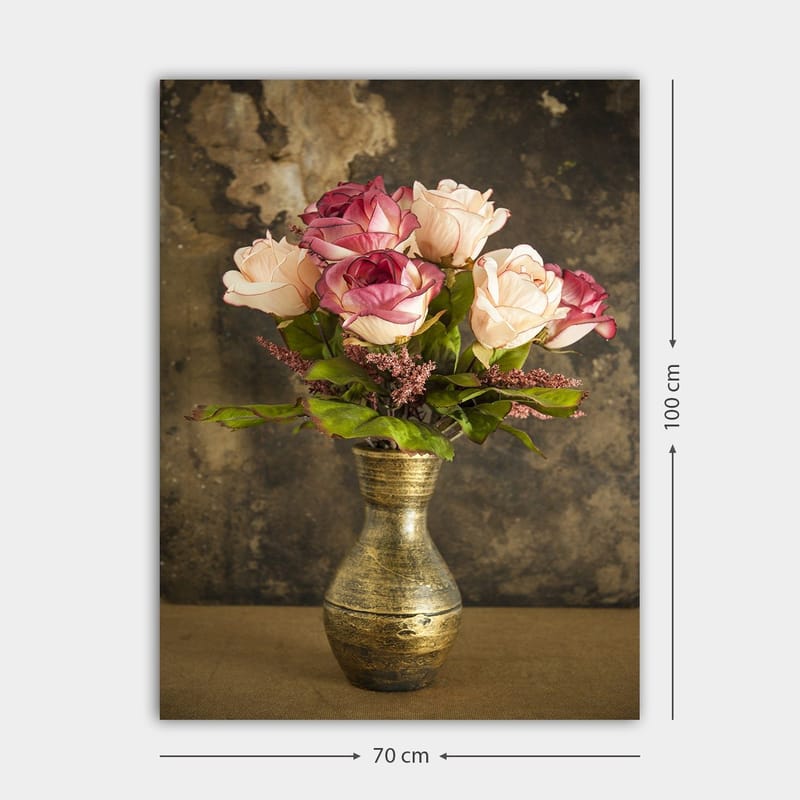 Canvastavla 70x100 cm - Vacker bukett med rosor i en dekorativ vas - Rosa / Grön / Guld - Inredning & dekor - Tavlor & konst - Canvastavla