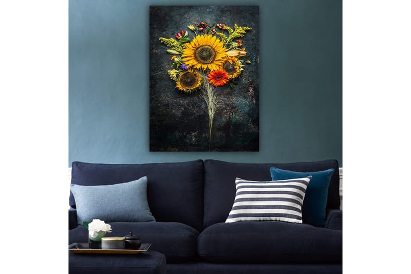 Canvastavla 70x100 cm - Vacker bukett med solrosor och färgglada blommor - Gul / Orange / Grön - Inredning & dekor - Tavlor & konst - Canvastavla