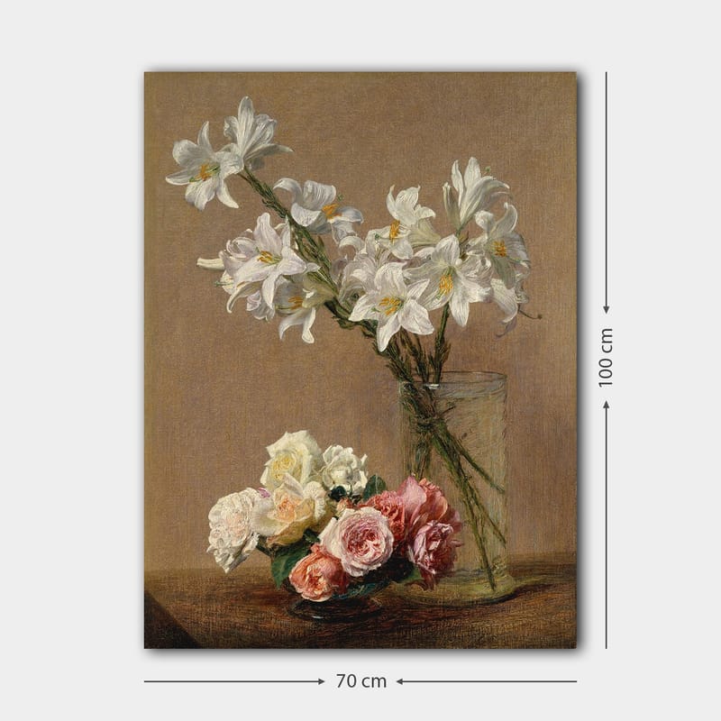 Canvastavla 70x100 cm - Vacker bukett med vita liljor och rosor i olika nyanser i en glasvas - Vitt / Rosa / Grönt - Inredning & dekor - Tavlor & konst - Canvastavla