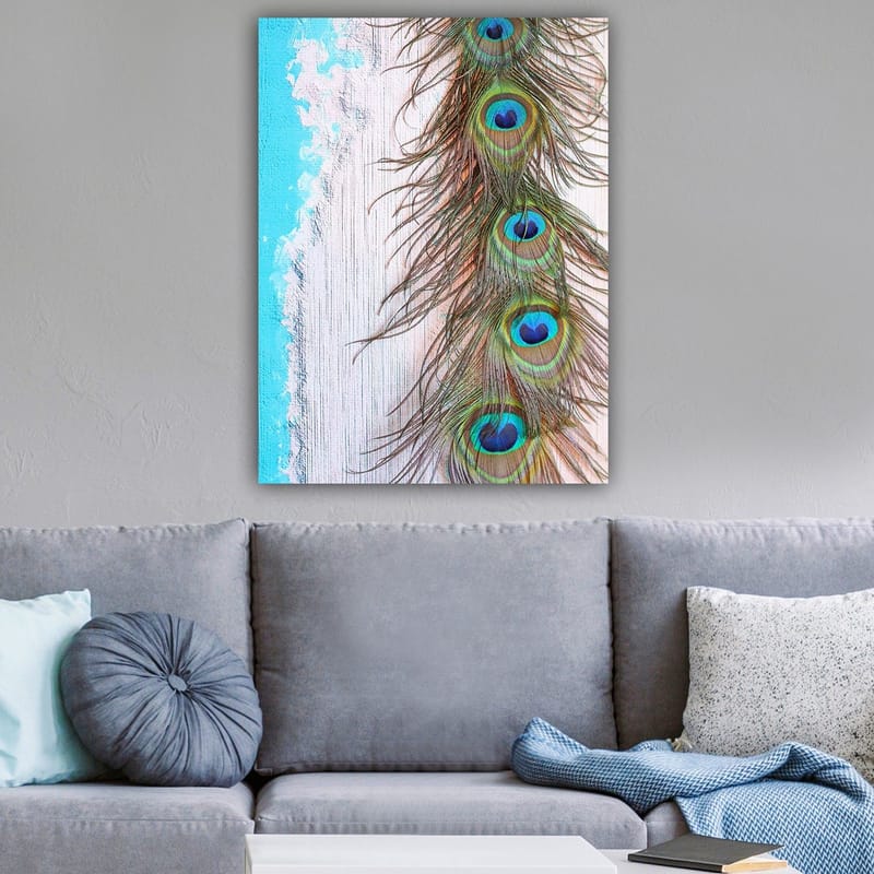 Canvastavla 70x100 cm - Vacker fjäder från en påfågel med intensiva färger och detaljer - Grön / Blå / Brun - Inredning & dekor - Tavlor & konst - Canvastavla