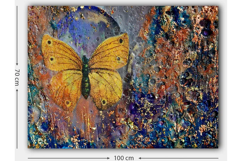 Canvastavla 70x100 cm - Vacker fjäril i gult som svävar över en abstrakt bakgrund med färgglada detaljer - Gult / Blått / Brunt - Inredning & dekor - Tavlor & konst - Canvastavla