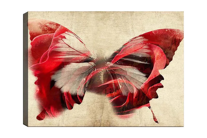 Canvastavla 70x100 cm - Vacker fjäril som är sammansatt av rosor, vilket skapar en harmonisk och drömlik känsla, Röd / Grå