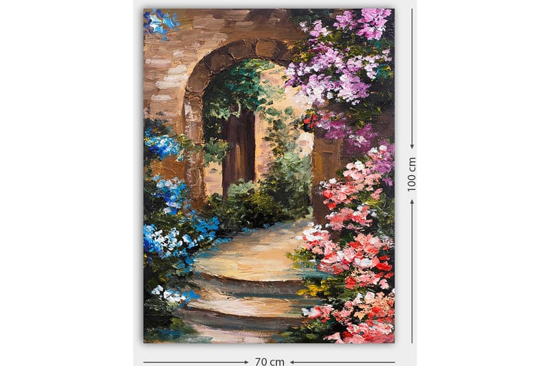 Canvastavla 70x100 cm - Vacker gränd med blommor som omger en båge av sten - Ljusblå / Rosa / Grön - Inredning & dekor - Tavlor & konst - Canvastavla