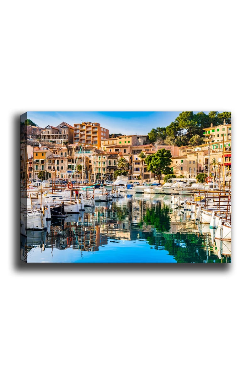 Canvastavla 70x100 cm - Vacker hamn med segelbåtar och färgglada hus vid vattnet - Blå / Grön / Orange - Inredning & dekor - Tavlor & konst - Canvastavla