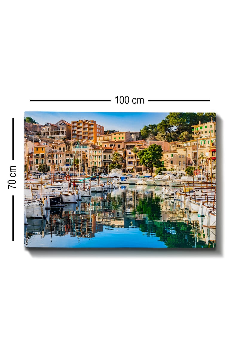 Canvastavla 70x100 cm - Vacker hamn med segelbåtar och färgglada hus vid vattnet - Blå / Grön / Orange - Inredning & dekor - Tavlor & konst - Canvastavla
