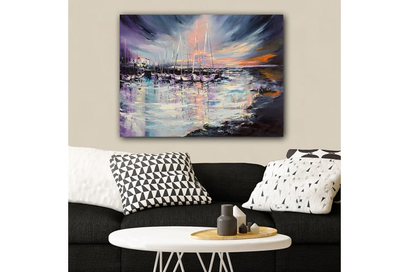 Canvastavla 70x100 cm - Vacker hamn med segelbåtar som reflekteras i vattnet under en färgsprakande solnedgång - Lila / Blå / Orange - Inredning & dekor - Tavlor & konst - Canvastavla