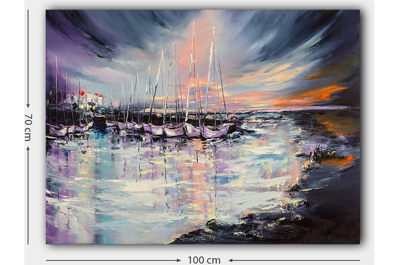Canvastavla 70x100 cm - Vacker hamn med segelbåtar som reflekteras i vattnet under en färgsprakande solnedgång - Lila / Blå / Orange - Inredning & dekor - Tavlor & konst - Canvastavla