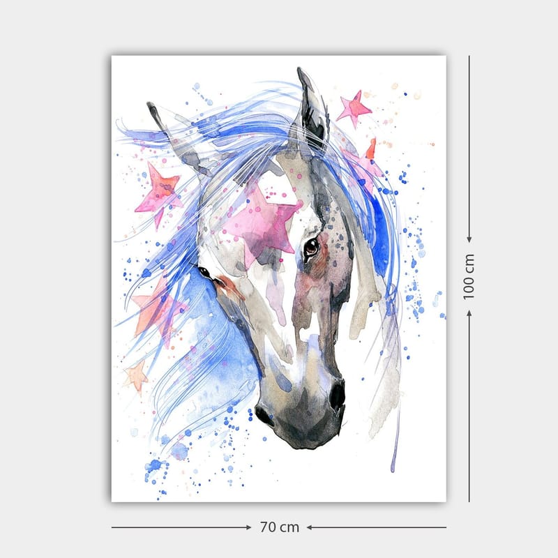 Canvastavla 70x100 cm - Vacker häst med en flödande blå man och rosa stjärnor som accentuerar motivet - Blå / Grå / Rosa - Inredning & dekor - Tavlor & konst - Canvastavla