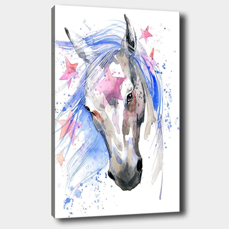 Canvastavla 70x100 cm - Vacker häst med en flödande blå man och rosa stjärnor som accentuerar motivet - Blå / Grå / Rosa - Inredning & dekor - Tavlor & konst - Canvastavla