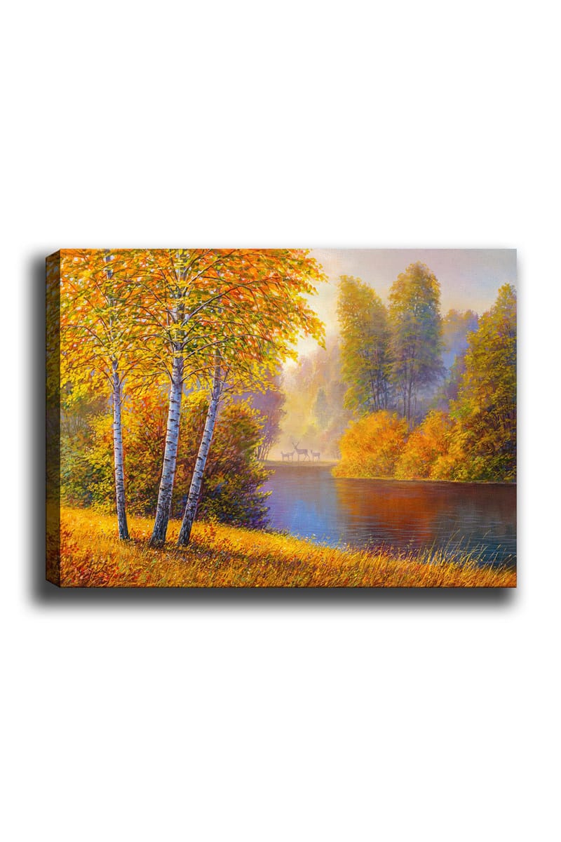 Canvastavla 70x100 cm - Vacker höstlandskap med björkar vid en stilla sjö, Guldorange / Grön / Blå