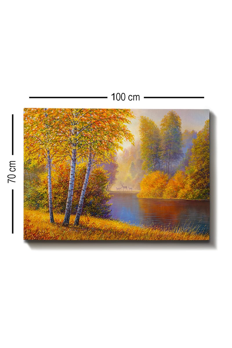 Canvastavla 70x100 cm - Vacker höstlandskap med björkar vid en stilla sjö - Guldorange / Grön / Blå - Inredning & dekor - Tavlor & konst - Canvastavla