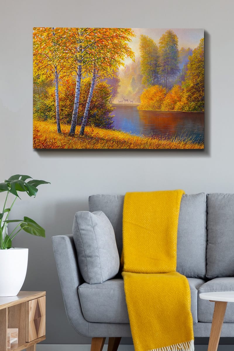 Canvastavla 70x100 cm - Vacker höstlandskap med björkar vid en stilla sjö - Guldorange / Grön / Blå - Inredning & dekor - Tavlor & konst - Canvastavla