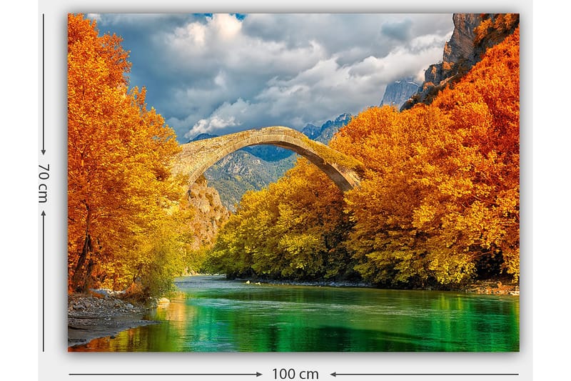 Canvastavla 70x100 cm - Vacker höstlandskap med en gammal stenbro som sträcker sig över en glittrande flod omgiven av färgglada träd - Orange / Grön / Blå - Inredning & dekor - Tavlor & konst - Canvastavla