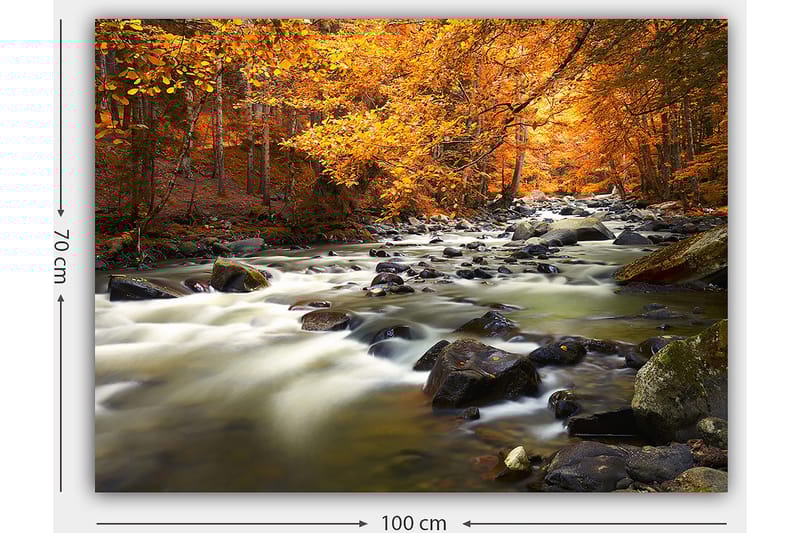 Canvastavla 70x100 cm - Vacker höstlandskap med en porlande bäck omgiven av gyllene och orange lövverk - Gyllene / Orange / Grön - Inredning & dekor - Tavlor & konst - Canvastavla
