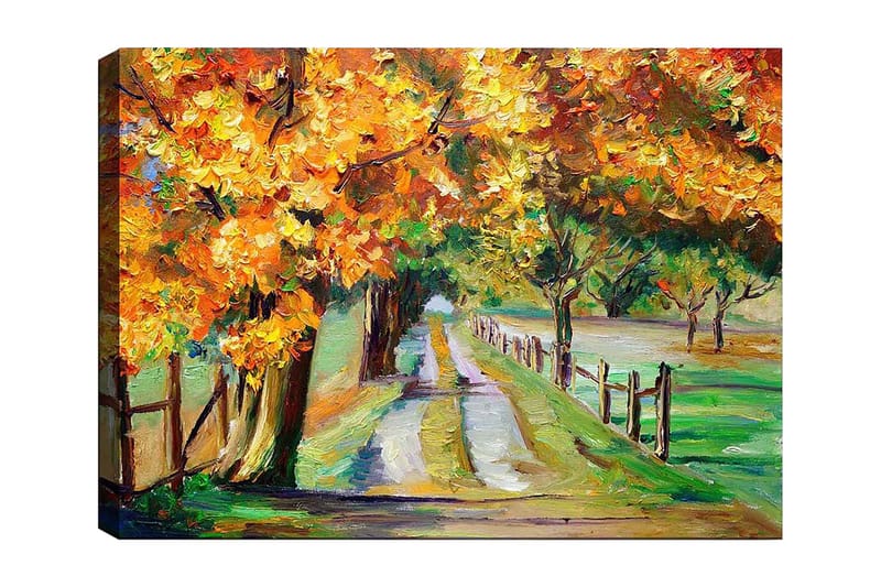 Canvastavla 70x100 cm - Vacker höstlandskap med färgglada träd längs en grusväg, Orange / Grön / Brun