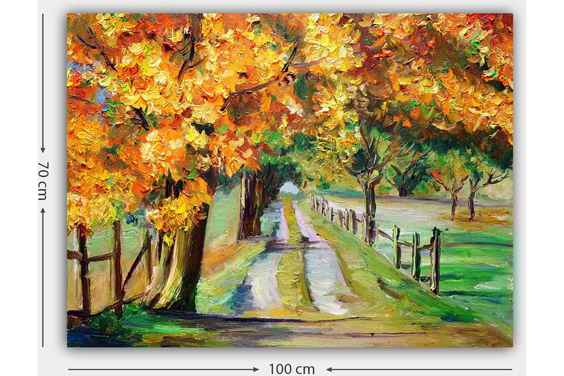 Canvastavla 70x100 cm - Vacker höstlandskap med färgglada träd längs en grusväg - Orange / Grön / Brun - Inredning & dekor - Tavlor & konst - Canvastavla