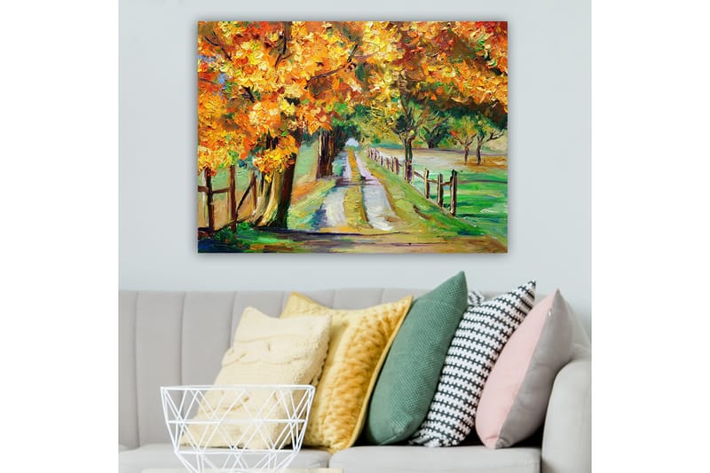 Canvastavla 70x100 cm - Vacker höstlandskap med färgglada träd längs en grusväg - Orange / Grön / Brun - Inredning & dekor - Tavlor & konst - Canvastavla