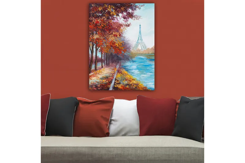 Canvastavla 70x100 cm - Vacker höstscen med Eiffeltornet i bakgrunden, omgiven av färgglada träd och en glittrande flod - Röd / Blå / Orange - Inredning & dekor - Tavlor & konst - Canvastavla